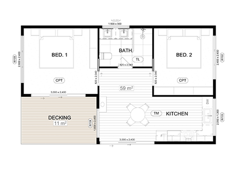 MEG standard 2-bedroom granny flat floor plan — 59 m² internal plus 11 m² unroofed decking