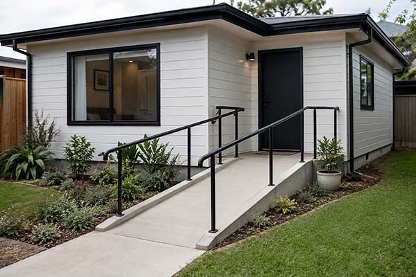 MEG granny flat inclusion — wheelchair-accessible entry ramp with steel handrails